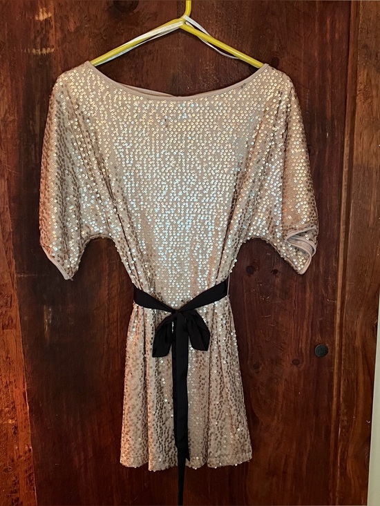 Ark & Co Dresses & Skirts - Ark & Co Rose Gold Sequin Mini Dress with Black Waist Tie